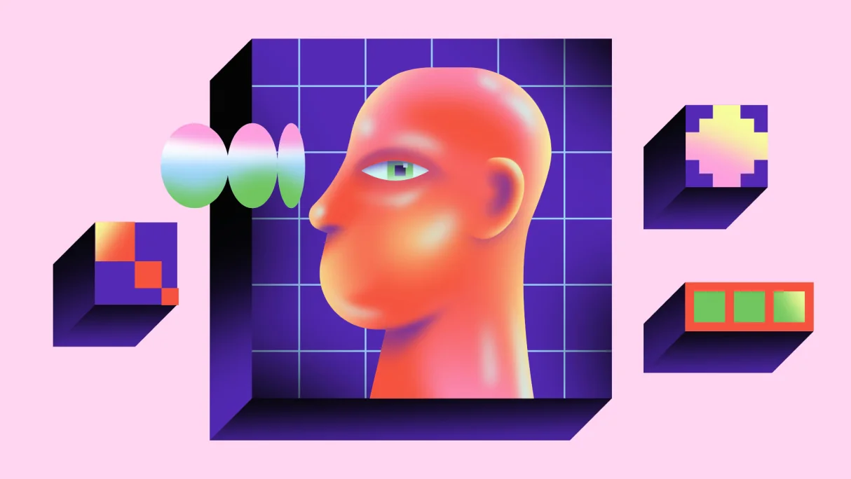 Animation still of a 3D human head profile in a purple grid with pixel cubes, from the Mozilla MIECO B2B video series.