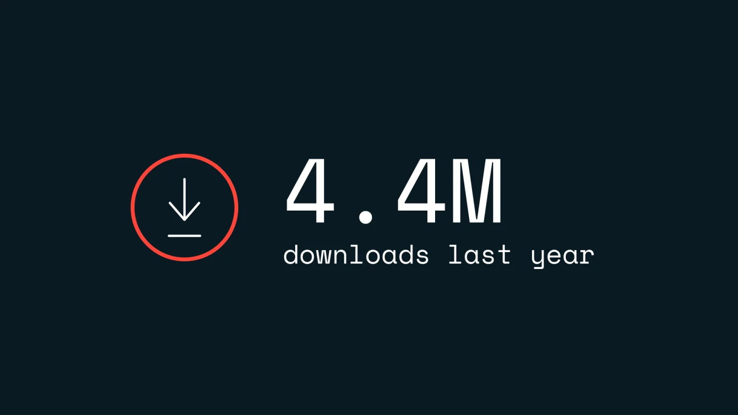 Motion graphics still: a red-outlined download icon next to the stat '4.4M downloads last year' on a dark navy Redis brand background.