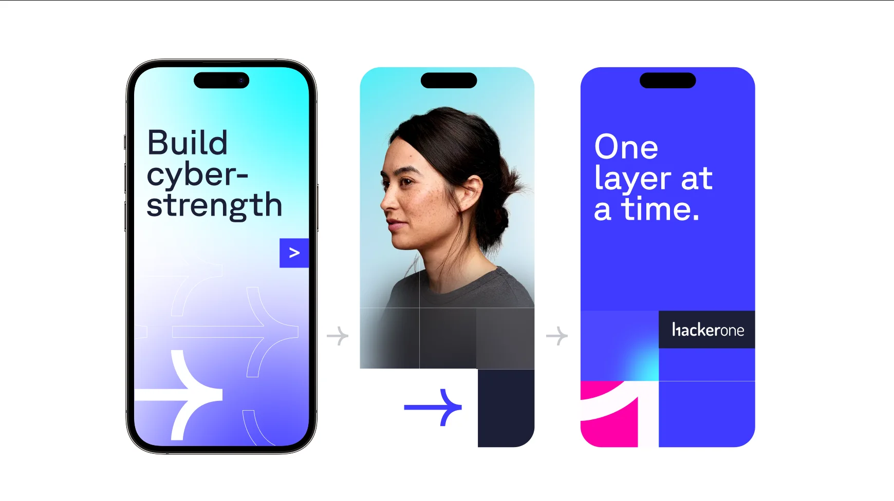 Three phone mockups for HackerOne's Cyberstrength campaign: "Build cyber-strength," a portrait frame, and "One layer at a time." — mobile creative for the enterprise cybersecurity marketing campaign.