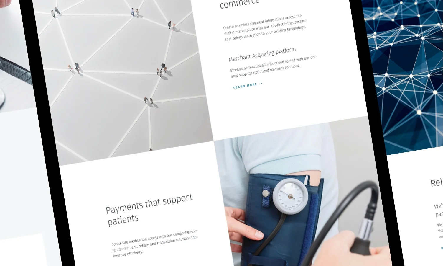 Composite mockup of landing pages built for the J.P. Morgan Payments ABM campaign — merchant acquiring, healthcare payments, and supporting creative.