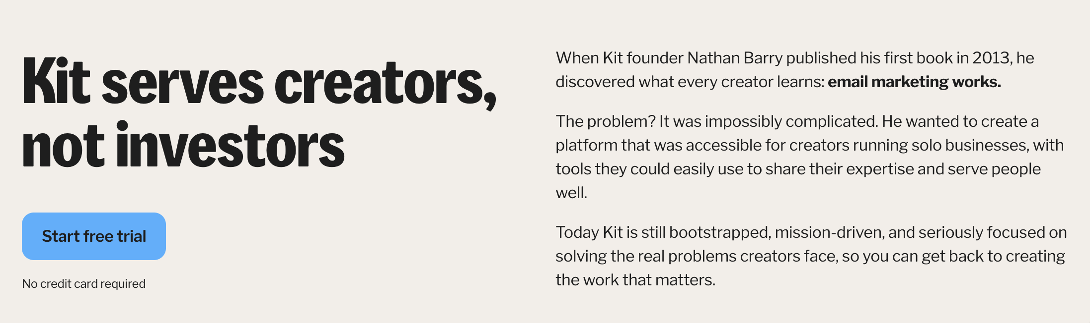 Kit homepage showing creator-focused brand voice that balances commercial ambition with emotional warmth