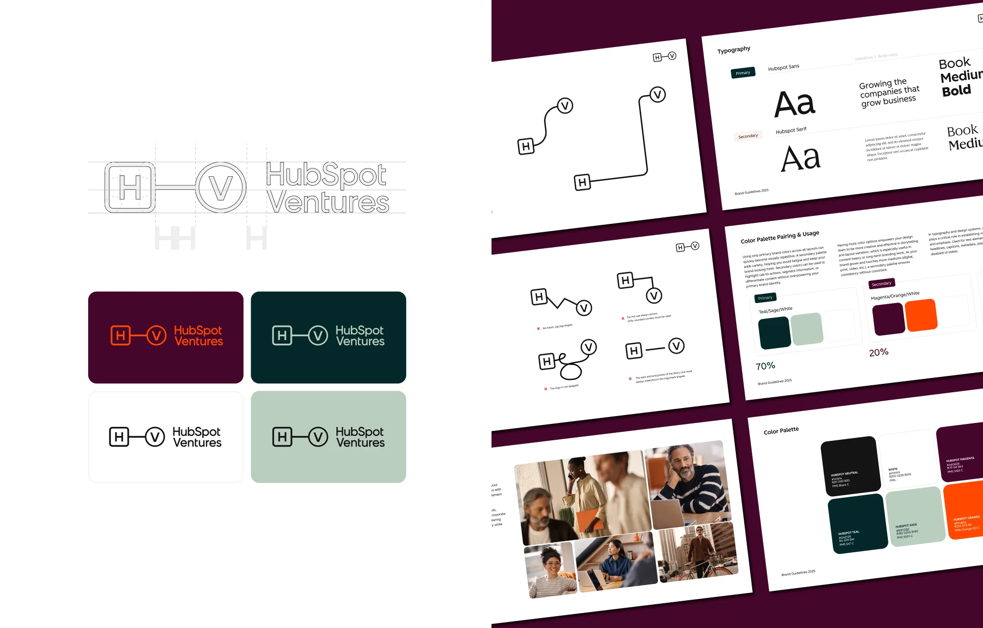 HubSpot Ventures brand book pages showing the wordmark, typography system, color palette proportions, and portfolio company applications.