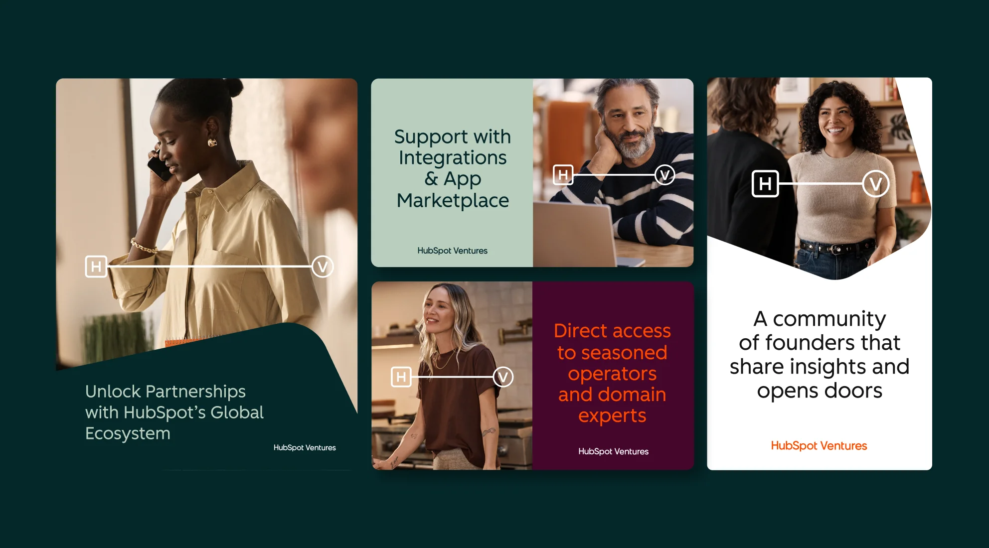 HubSpot Ventures rebrand marketing cards showing four founder value props including HubSpot ecosystem access and operator support.