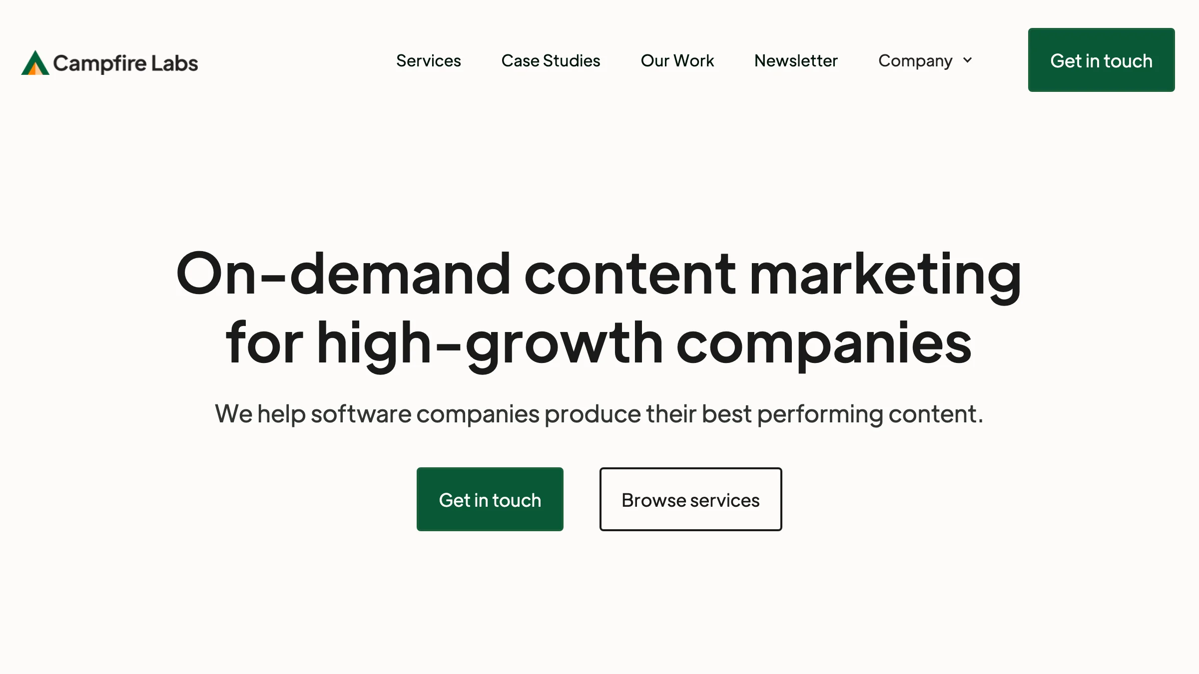 Campfire Labs homepage with the headline "On-demand content marketing for high-growth companies" — a content marketing agency serving software companies like Dropbox and Stripe.