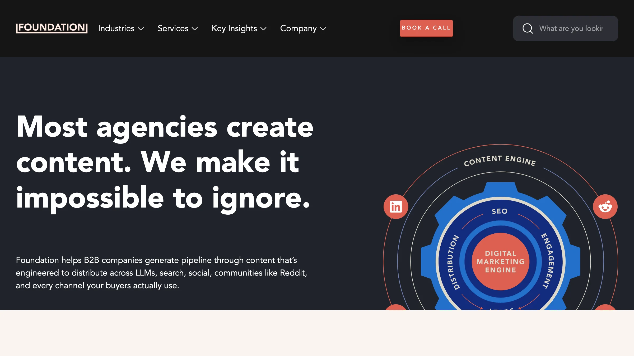 Foundation homepage showing the headline "Most agencies create content. We make it impossible to ignore." — a B2B content marketing agency focused on distribution across LLMs, search, and social.
