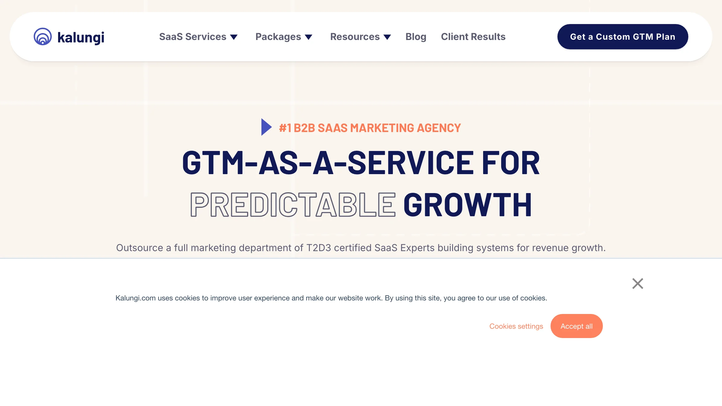 Kalungi homepage with the headline "GTM-as-a-Service for Predictable Growth" — a B2B SaaS marketing agency offering outsourced marketing teams.