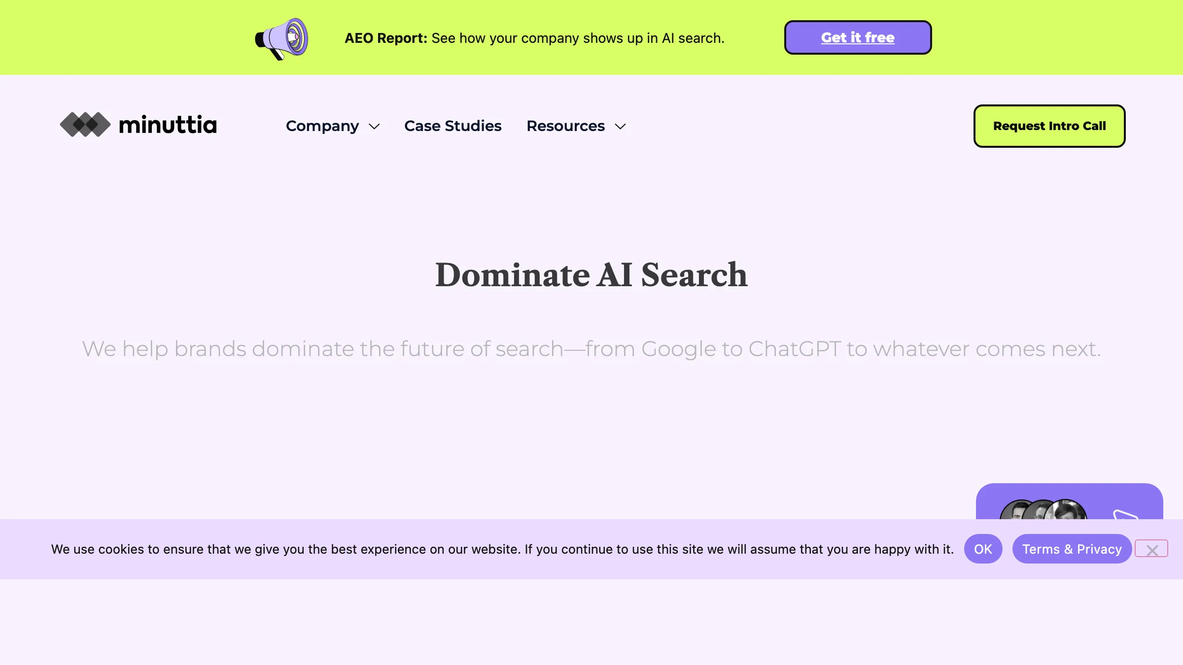Minuttia homepage with the headline "Dominate AI Search" — a content marketing and AEO agency helping brands show up in ChatGPT and Google.