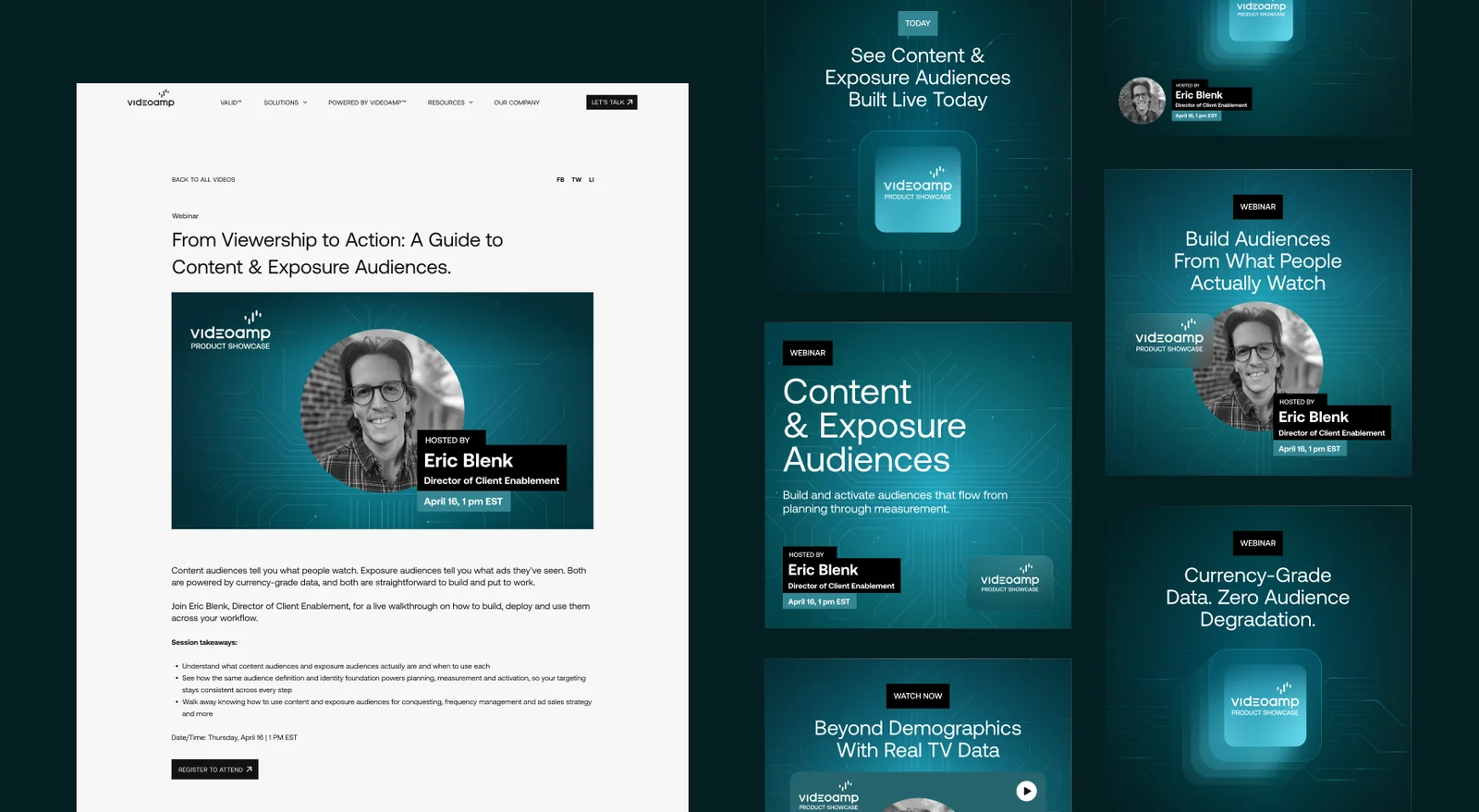 VideoAmp SaaS webinar engine landing page and social media assets designed by Column Five