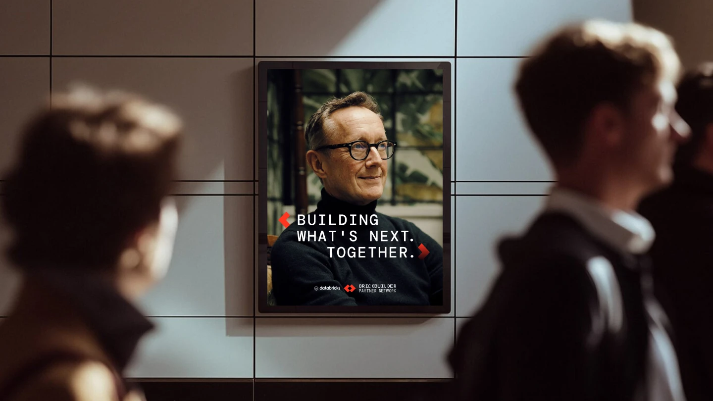 Brickbuilder Partner Network out-of-home poster with an executive portrait and 'Building what's next. Together.' headline
