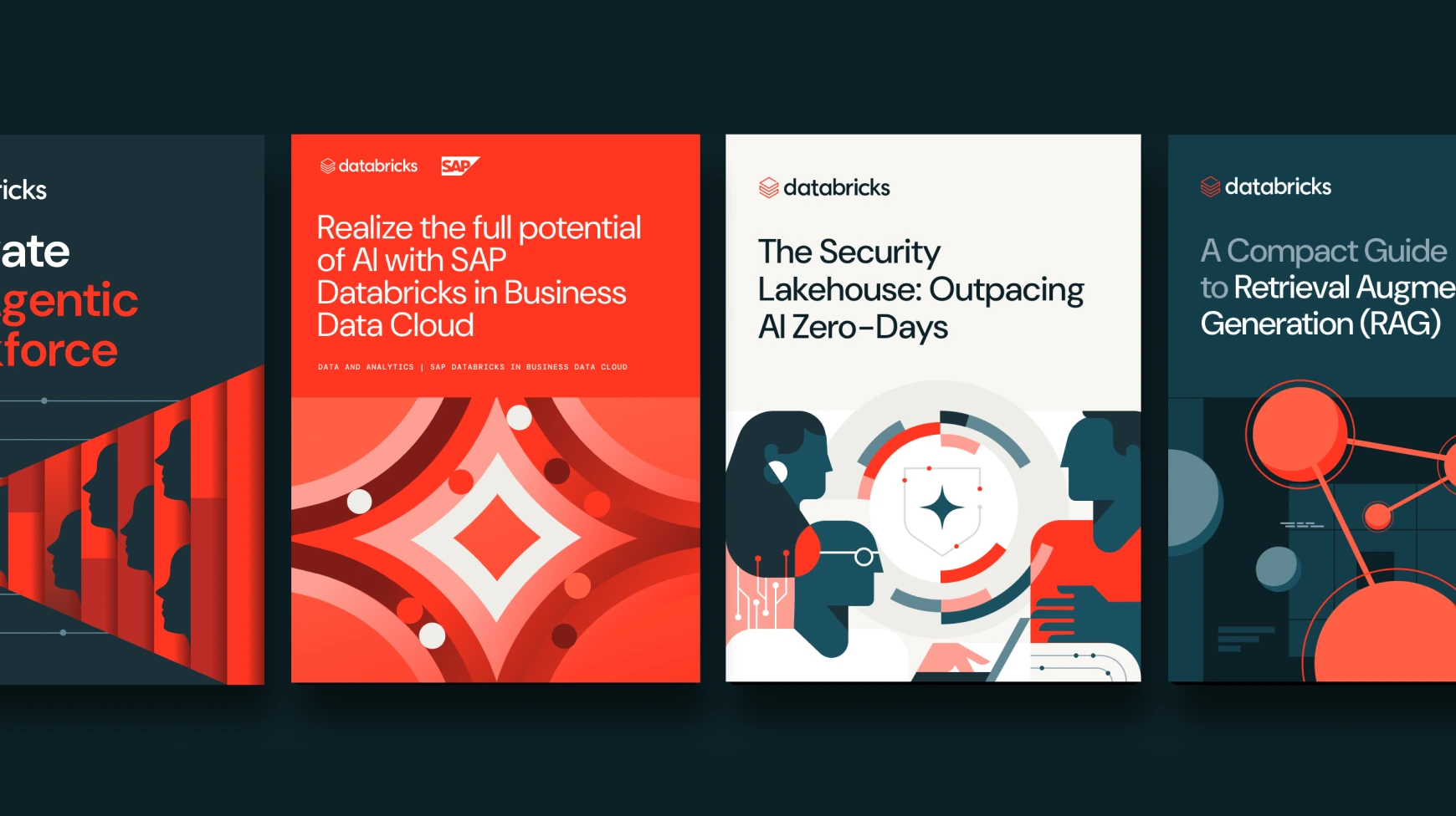 Four Databricks ebook covers on AI agents, RAG, the Security Lakehouse, and SAP Databricks, designed by Column Five