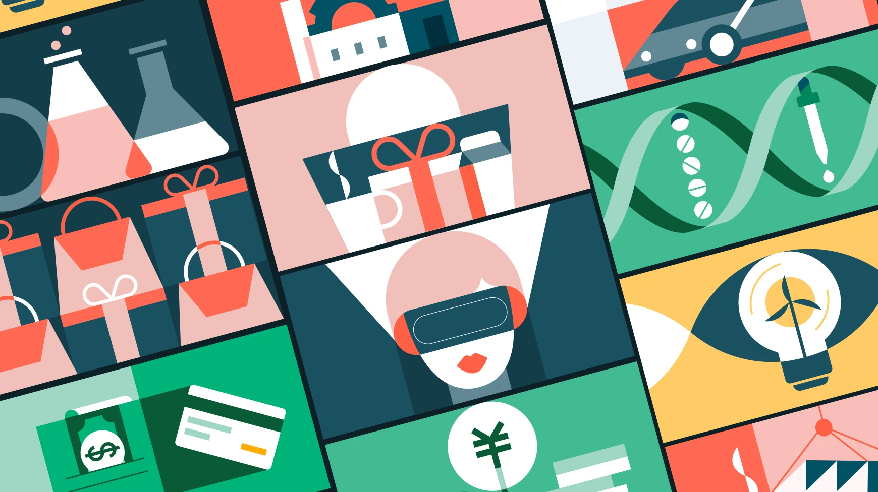 Grid of Databricks editorial illustrations on data, AI, finance, and research themes in a red and green palette